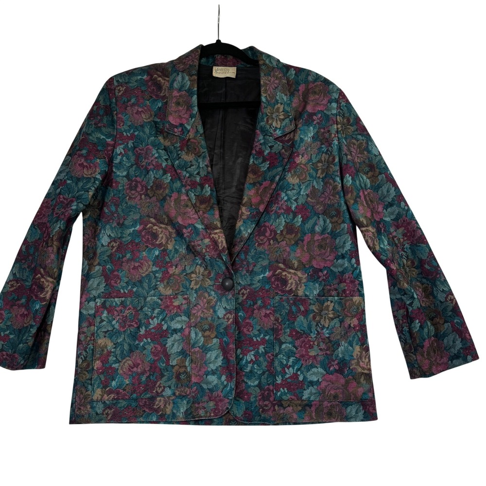 Vintage Jessica Scott Floral Tapestry Blazer Teal Burgundy Made in USA